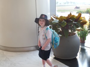 Waiting for a taxi in the lobby.