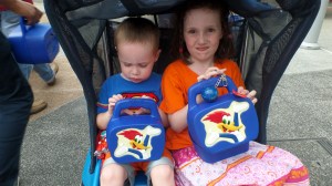 Strolling with their Woody the Woodpecker lunch boxes!